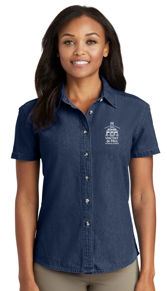 Short Sleeve Denim Button up w/ Embroidered logo - LADIES