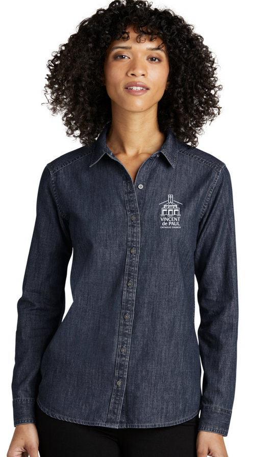 Long Sleeve Denim button up w/ Embroidered logo -LADIES